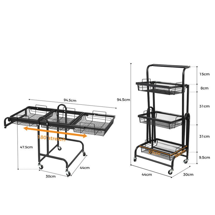 Levede 3 Tier Kitchen Trolley Cart Swivel Black Colour.