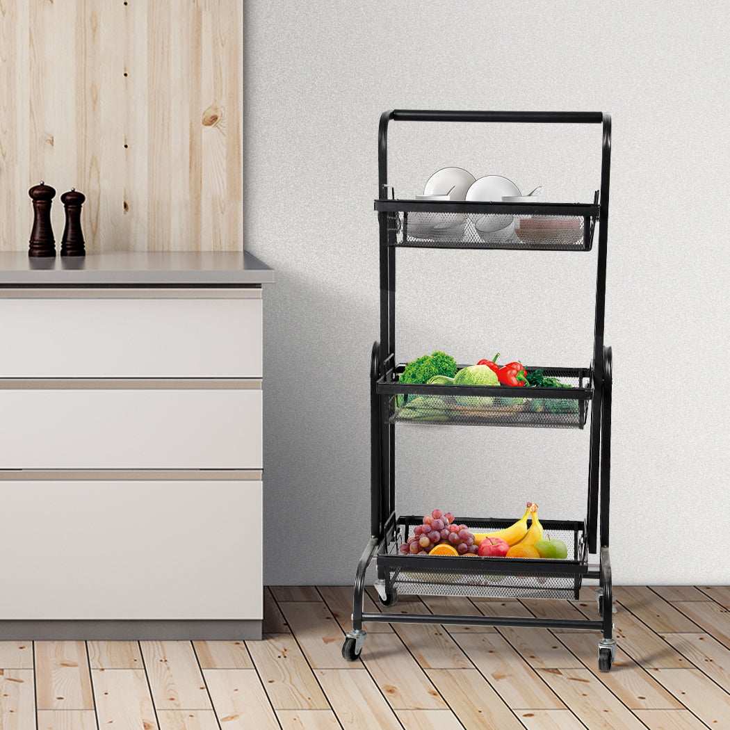 Levede 3 Tier Kitchen Trolley Cart Swivel Black Colour.