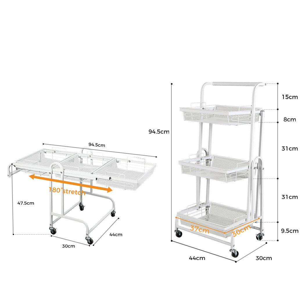 Levede 3 Tier Kitchen Trolley Cart Swivel White Colour.