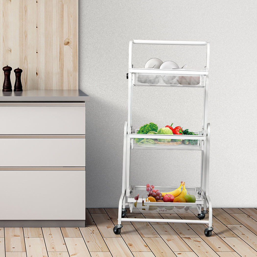 Levede 3 Tier Kitchen Trolley Cart Swivel White Colour.
