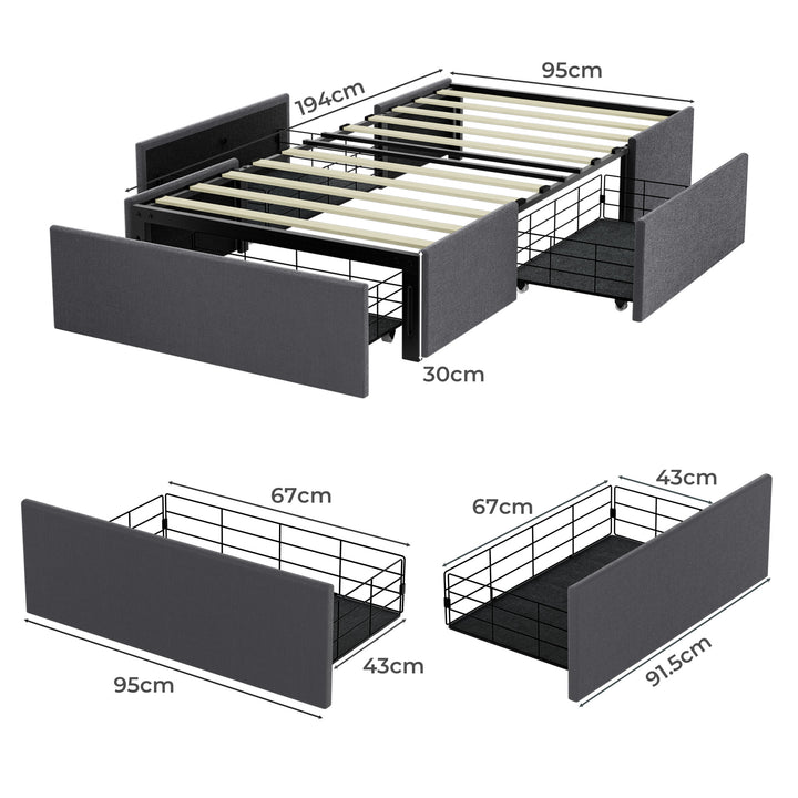 Fabric Bed Frame with 3 Drawers & DIY Headboard