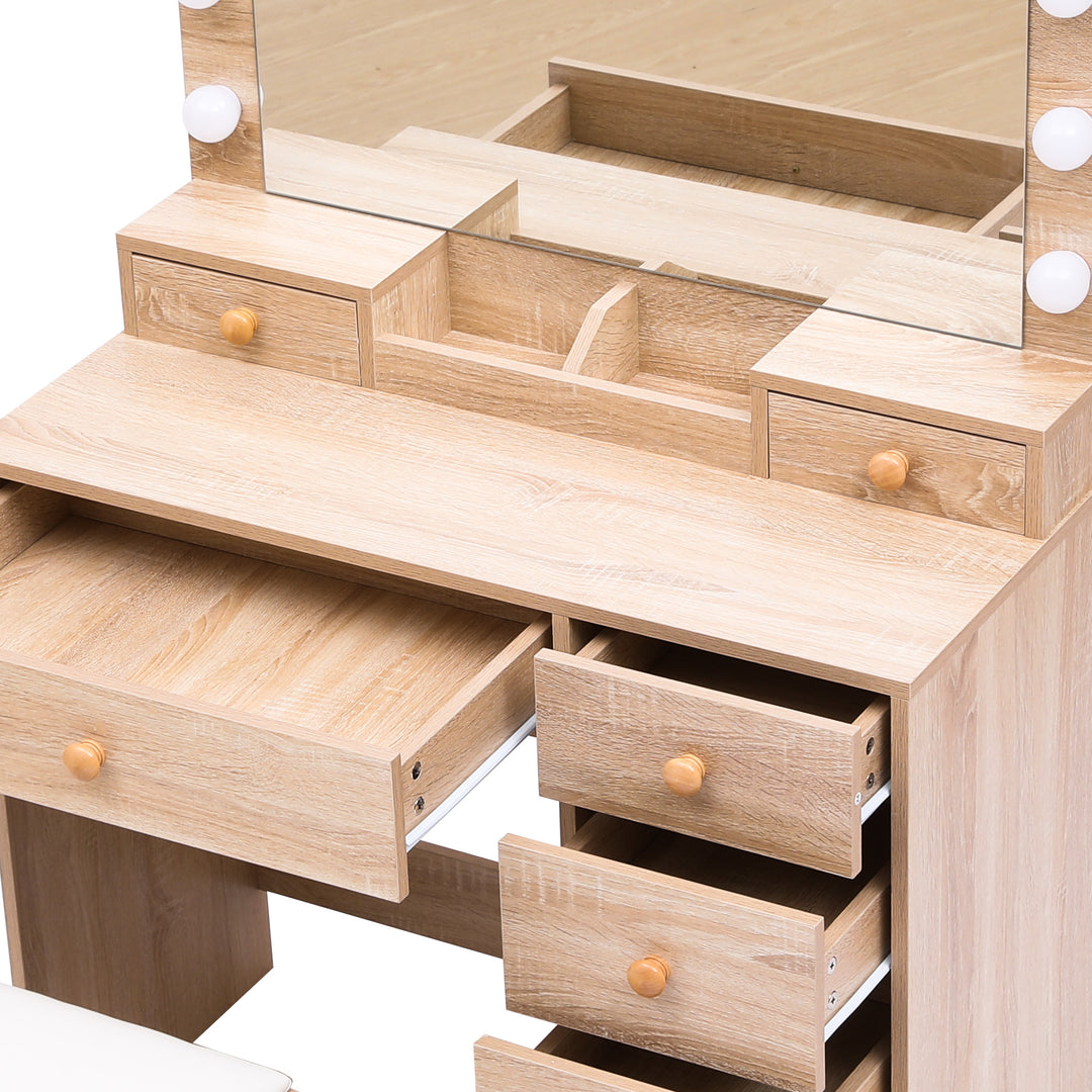 Dressing Table Stool Set 11 Bulbs Makeup Mirror Vanity Desk Cabinet Oak