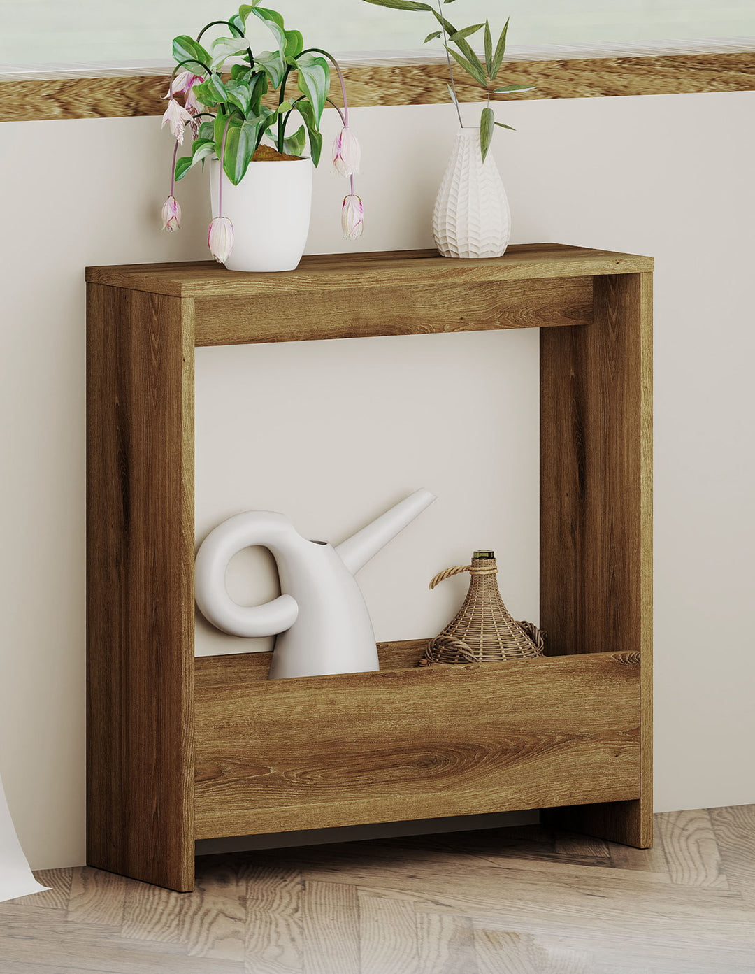 Side Table with Magazine Rack Small End Table Narrow Coffee Table Oak