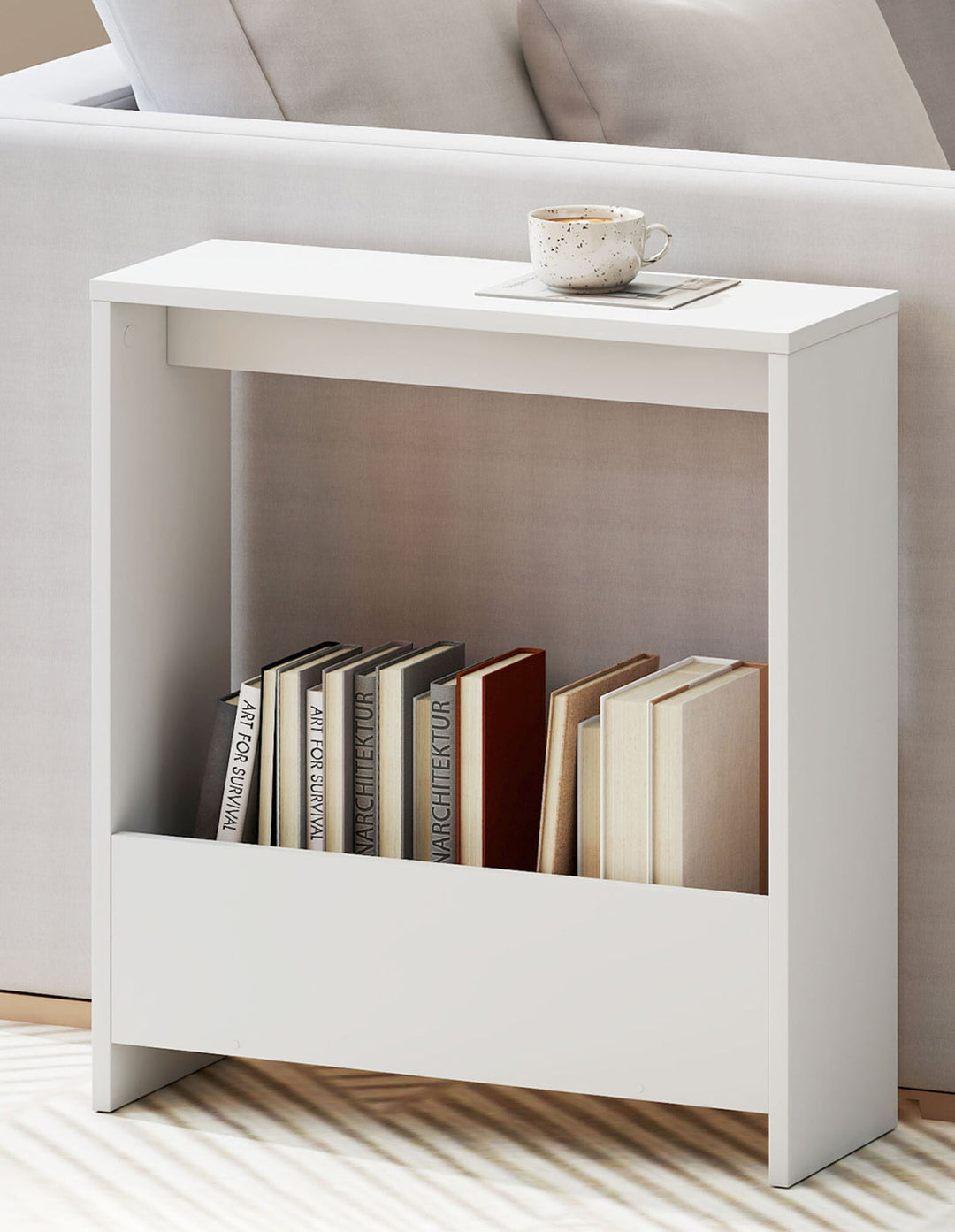 Side Table with Magazine Rack Small End Table Narrow Coffee Table Oak