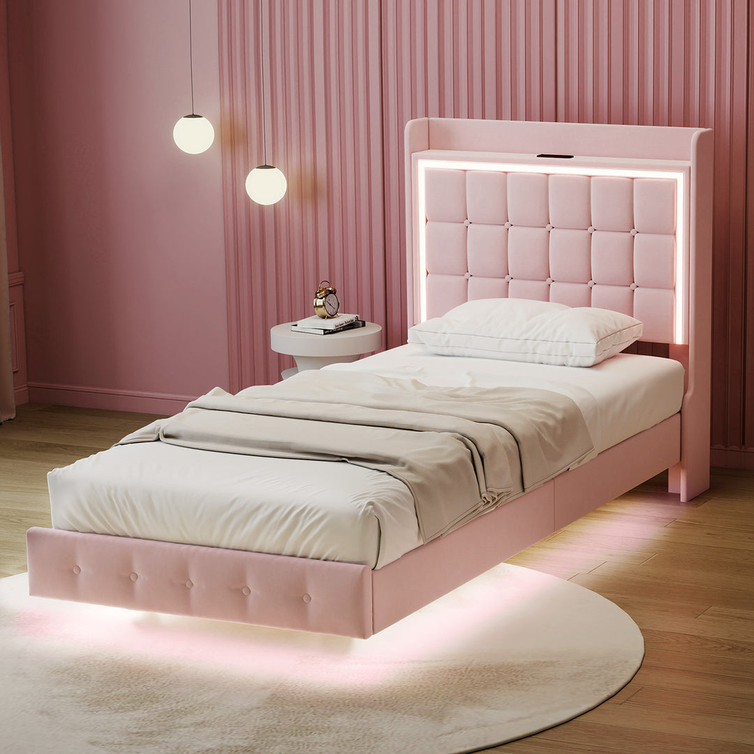 Single Floating Bed Frame With RGB LED Light Headboard USB Charge