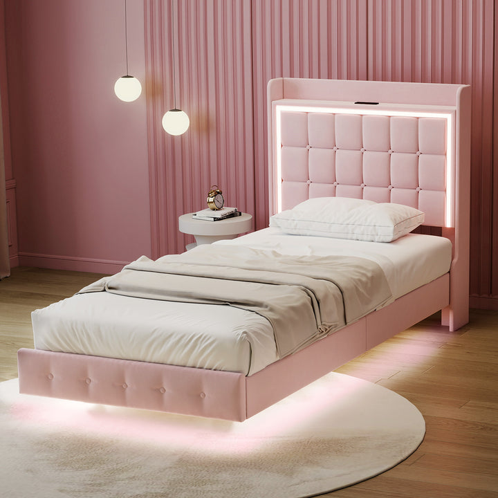 Single Floating Bed Frame With RGB LED Light Headboard USB Charge
