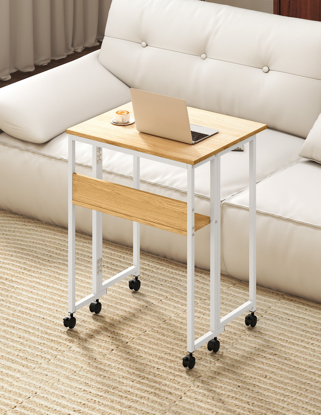 Foldable Computer Desk with Shelf Wheels for Small Space Home Office