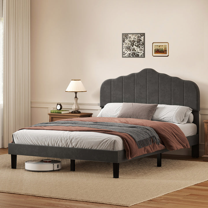 Bed Frame Linen Fabric Upholstered Platform Wooden Mattress Base