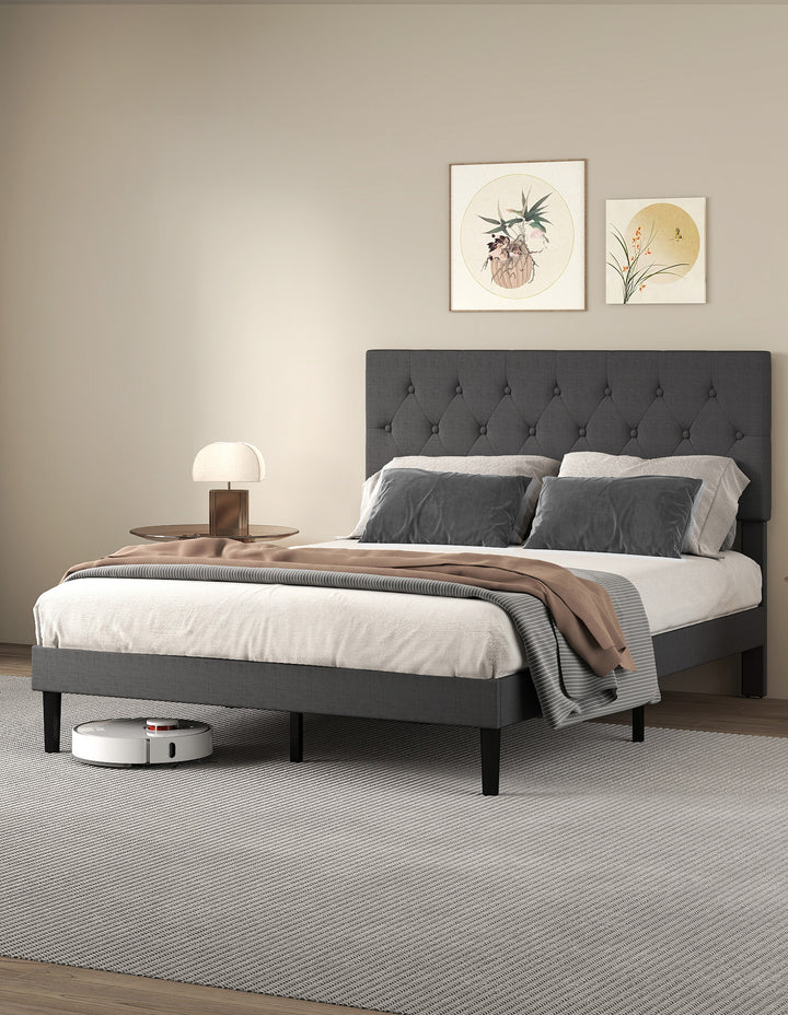 Bed Frame Upholstered Headboard Bedroom Mattress Base Dark Grey