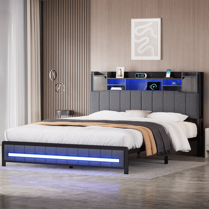 Levede Double Bed Frame Linen Upholstered Storage Headboard LED Charging