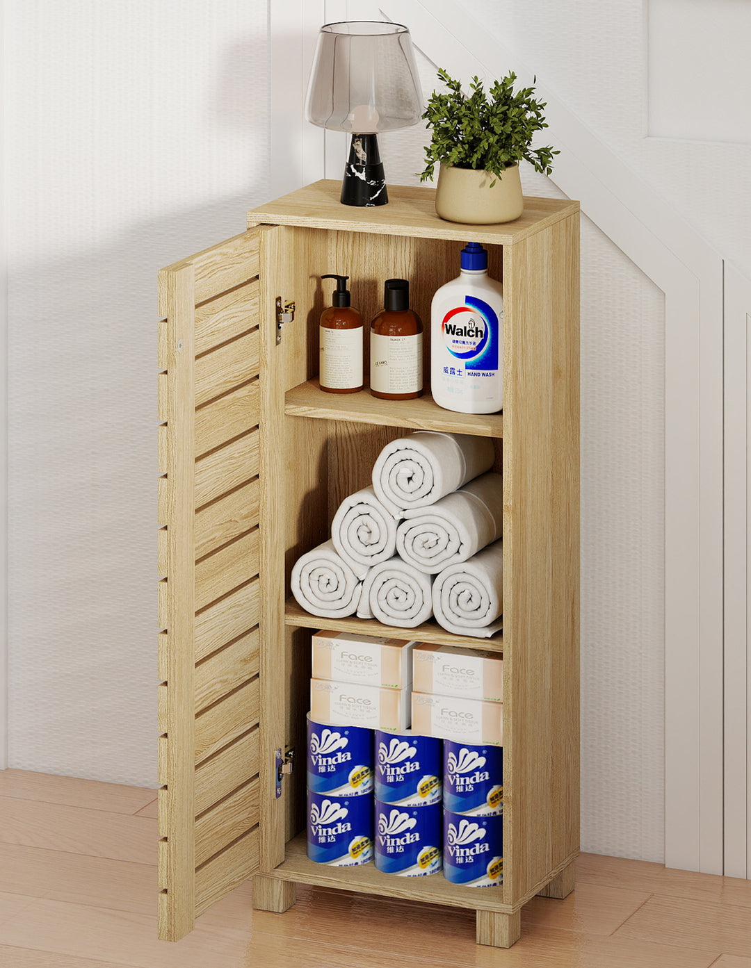 Bathroom Storage Cabinet Handleless Wood Floor Shelf Unit Cupboard Oak