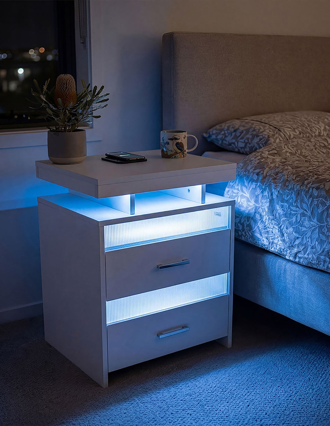 Smart Bedside Table Motion Sensor Charging Modern Nightstand RGB Bedroom