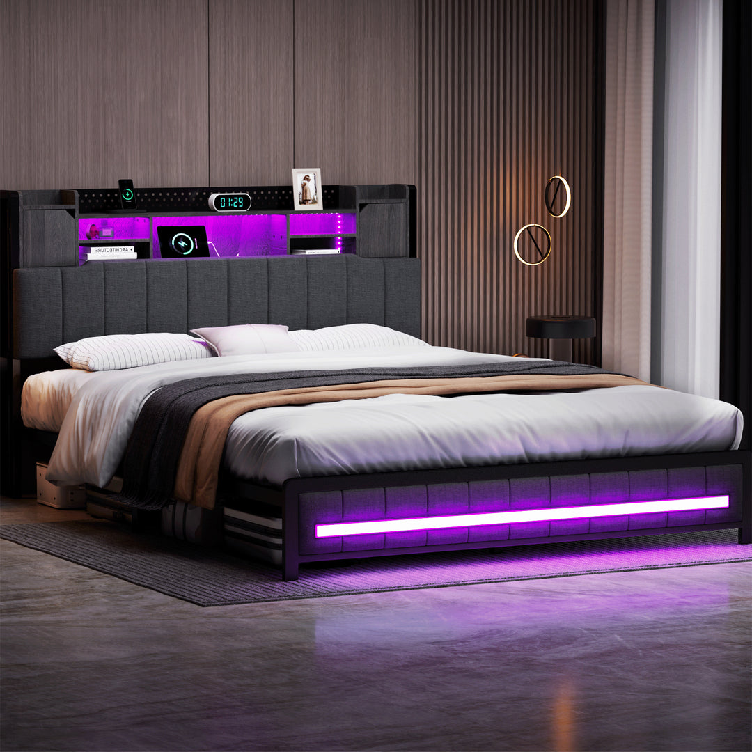 Levede Double Bed Frame Linen Upholstered Storage Headboard LED Charging