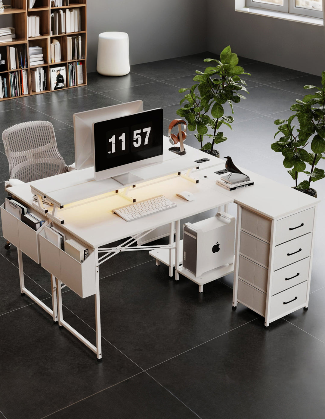 L Shaped Gaming Desk with RGB LED, Storage Drawers Power Outlet