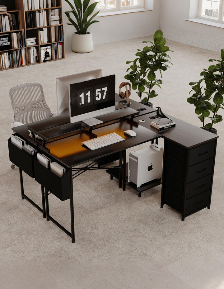 L Shaped Gaming Desk with RGB LED, Storage Drawers Power Outlet