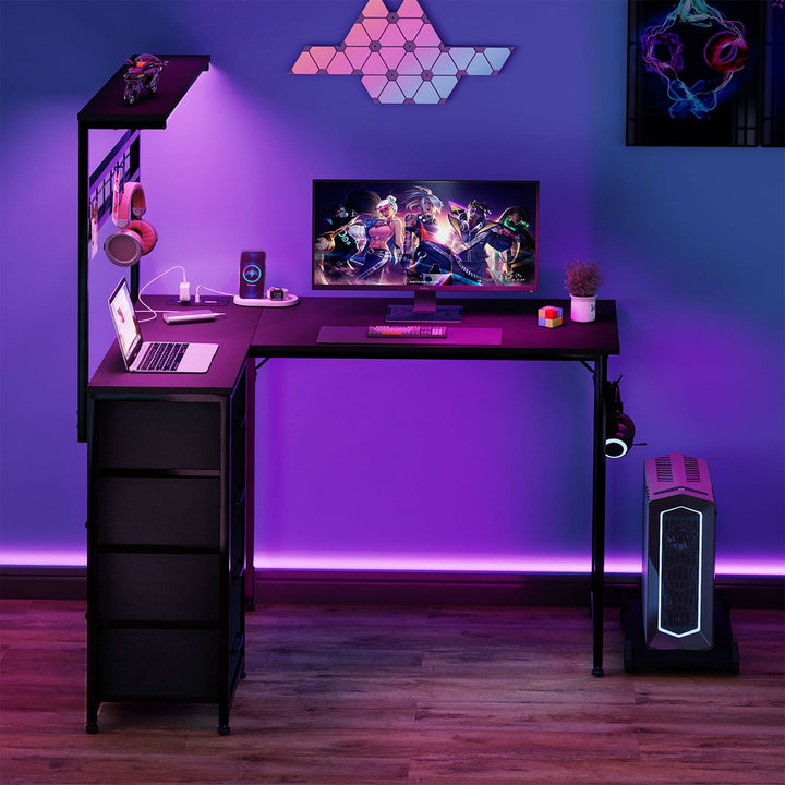 Computer Desk Convertible L-shaped Study Table Metal Frame with Drawers