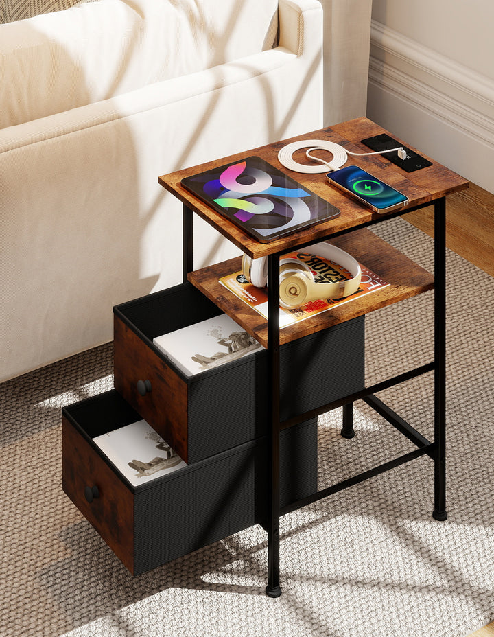 Bedside Table Side Table Storage Cabinet USB Charge Table 2 Drawers Brown