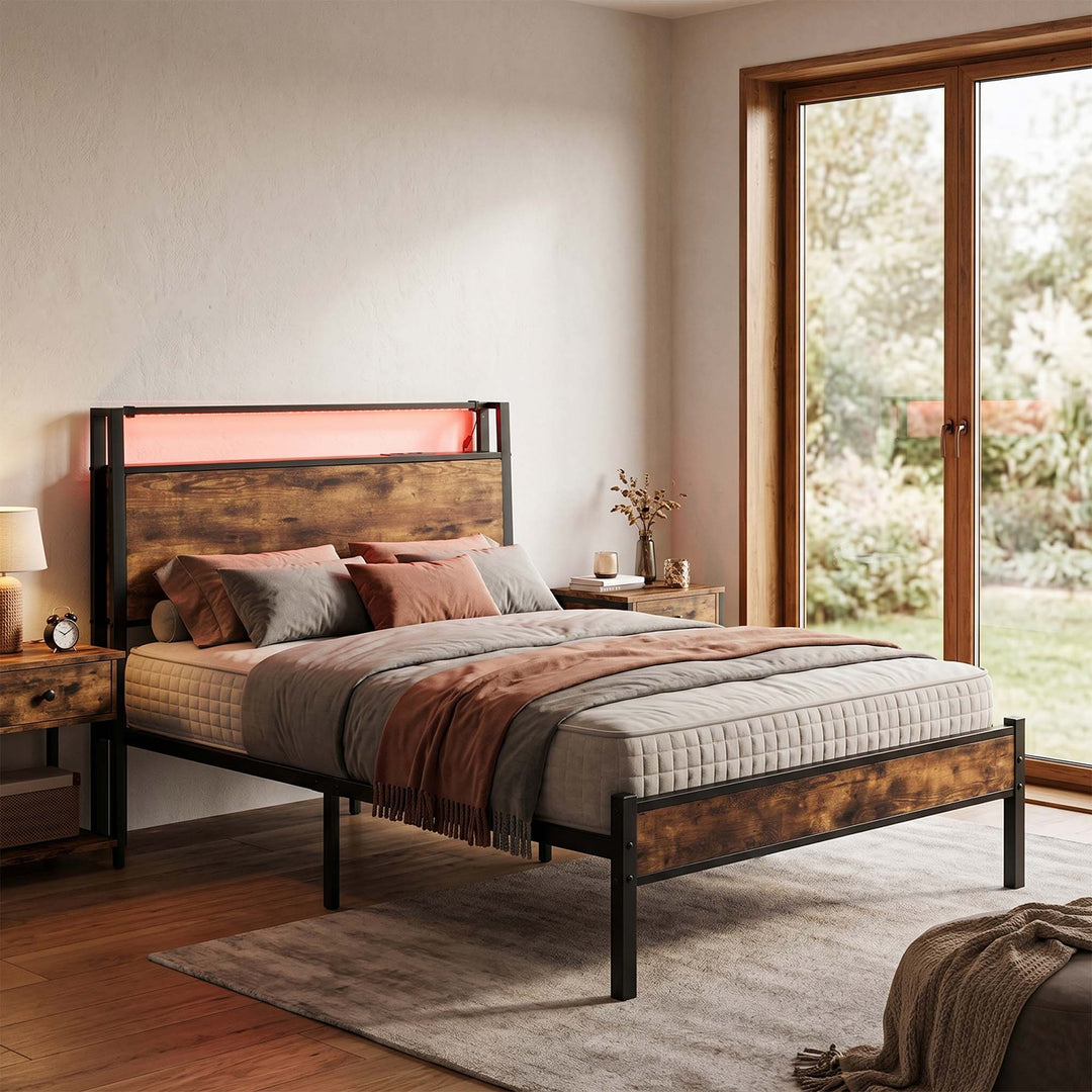 Levede Single Bed Frame LED Lights USB Charging Storage Headboard Metal Platform