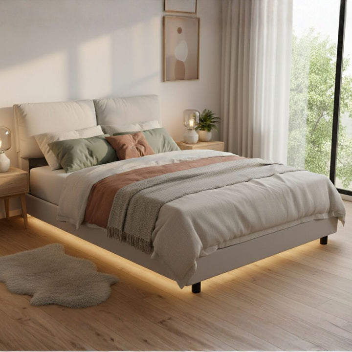 Floating Bed Frame With RGB LED Light Headboard Base Platform