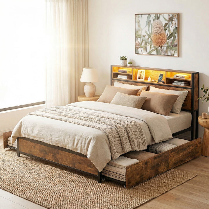 Bed Frame Storage Headboard Drawers RGB LED USB Charge Industrial