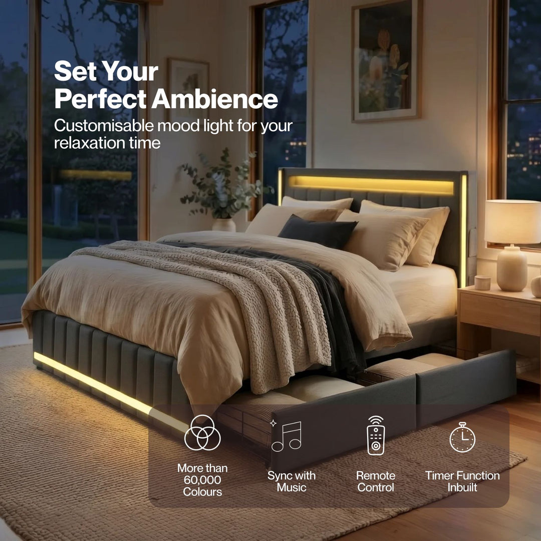 Double Bed Frame with Storage Drawers Lighting & USB Ports Linen Finish