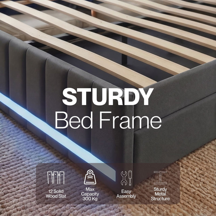 Double Bed Frame with Storage Drawers Lighting & USB Ports Linen Finish