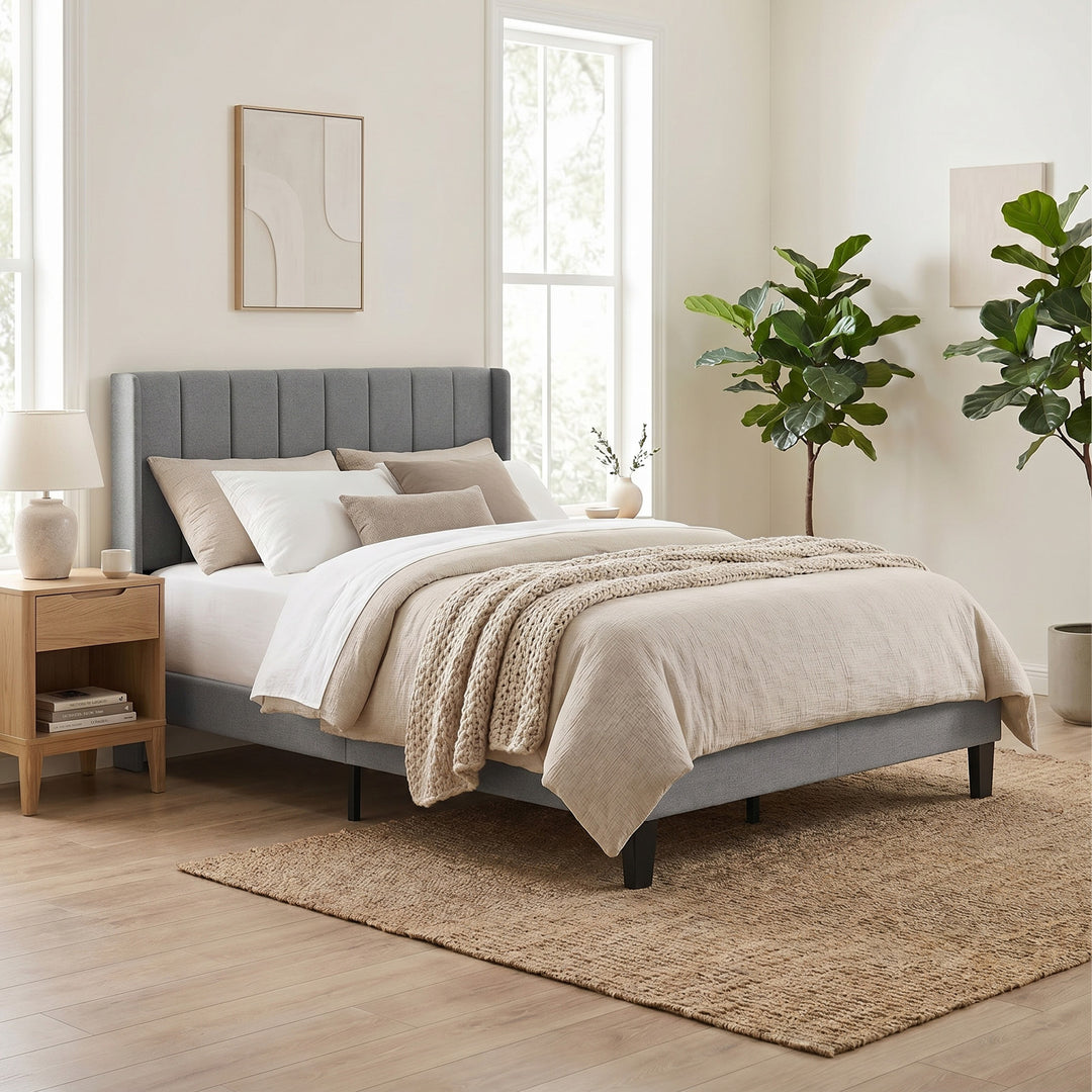 Metal Wooden Bed Frame Queen Panel Plush Upholstered Soft Headboard Grey