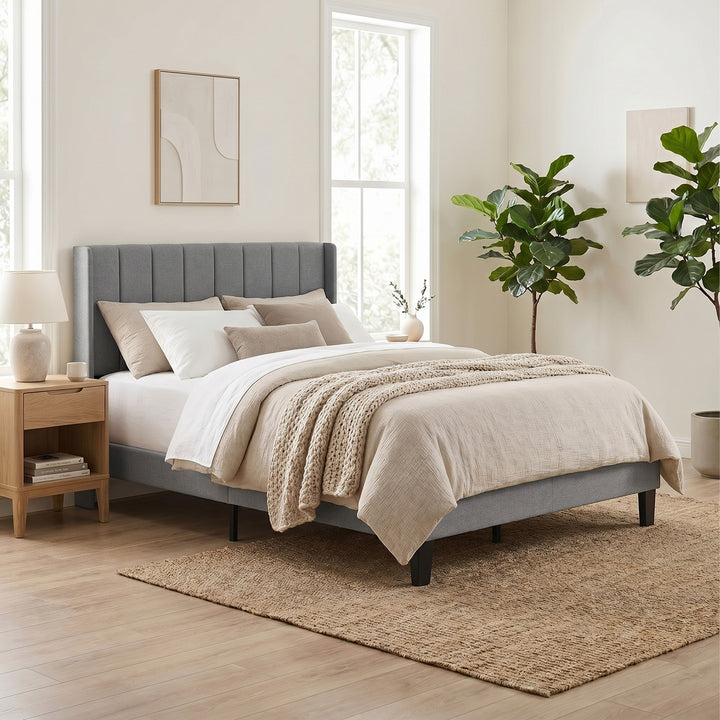 Metal Wooden Bed Frame Queen Panel Plush Upholstered Soft Headboard Grey