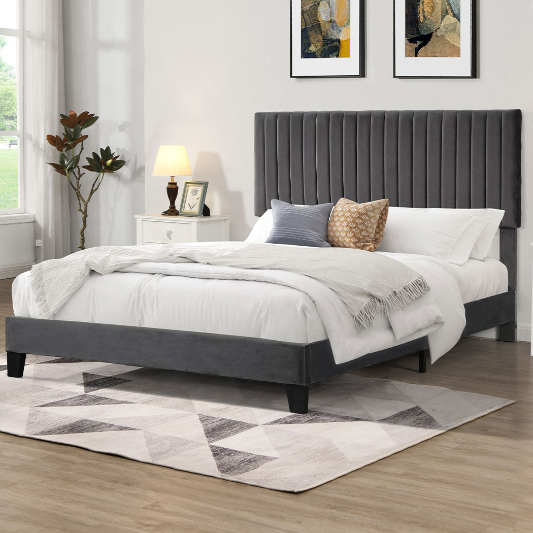 Bed Frame with Velvet Headboard in bedroom