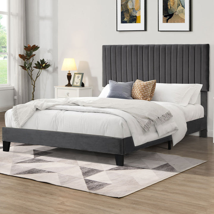 Bed Frame with Velvet Headboard in bedroom