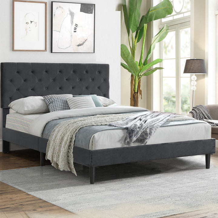 Bed Frame with Velvet & Wood Headboard