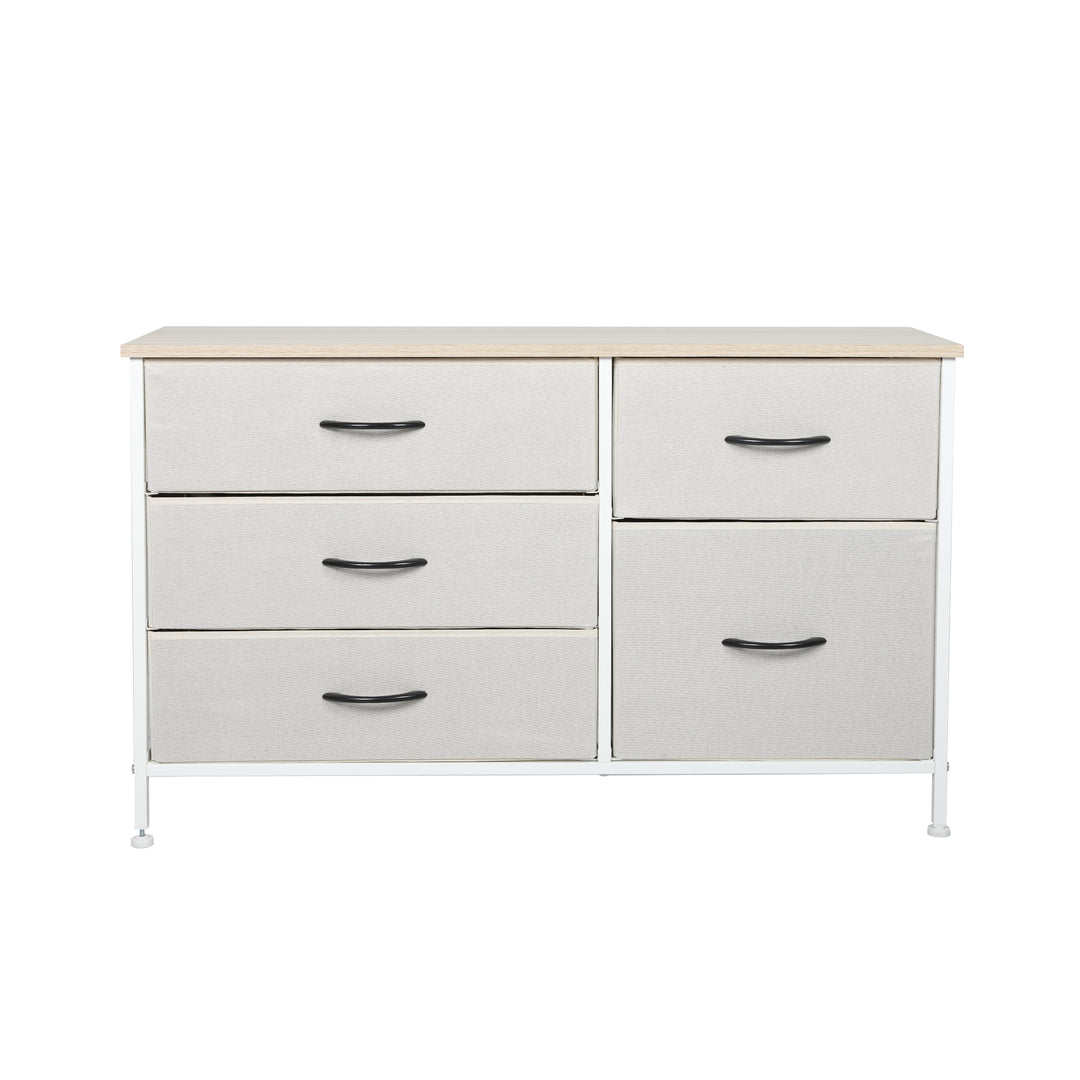 Beige Fabric Low Chest of Drawers with 5 Drawers 