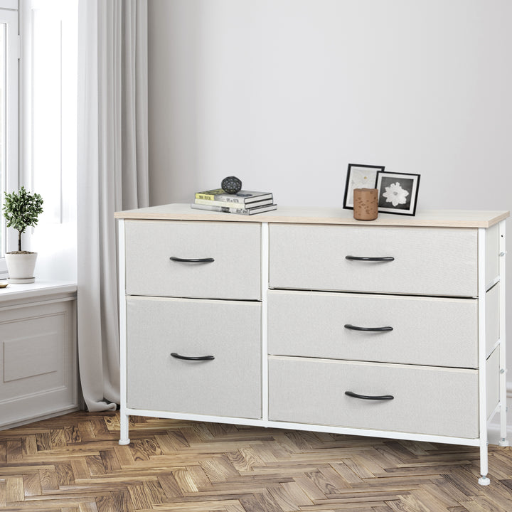 Beige Fabric Low Chest of Drawers with 5 Drawers 