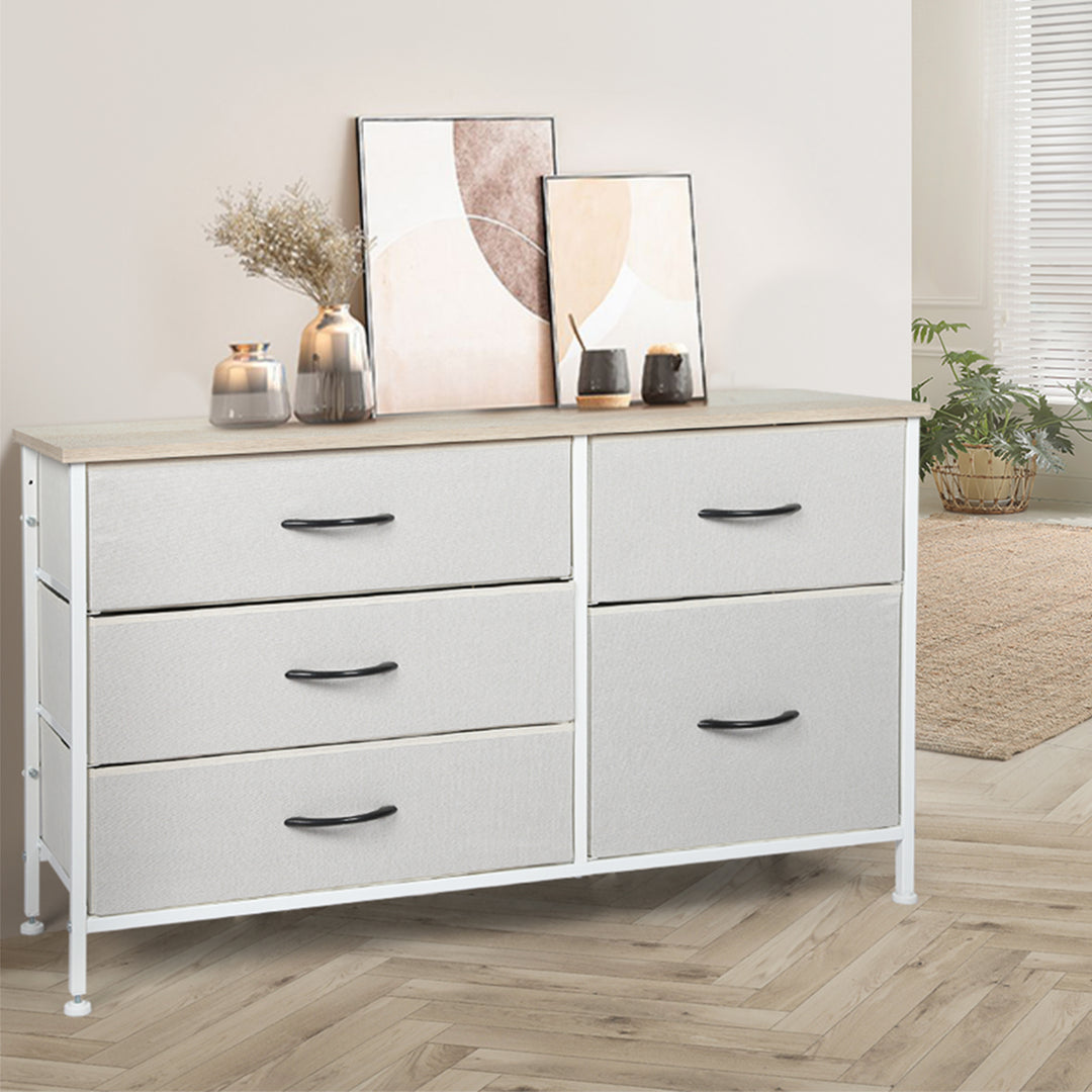 Beige Fabric Low Chest of Drawers with 5 Drawers 