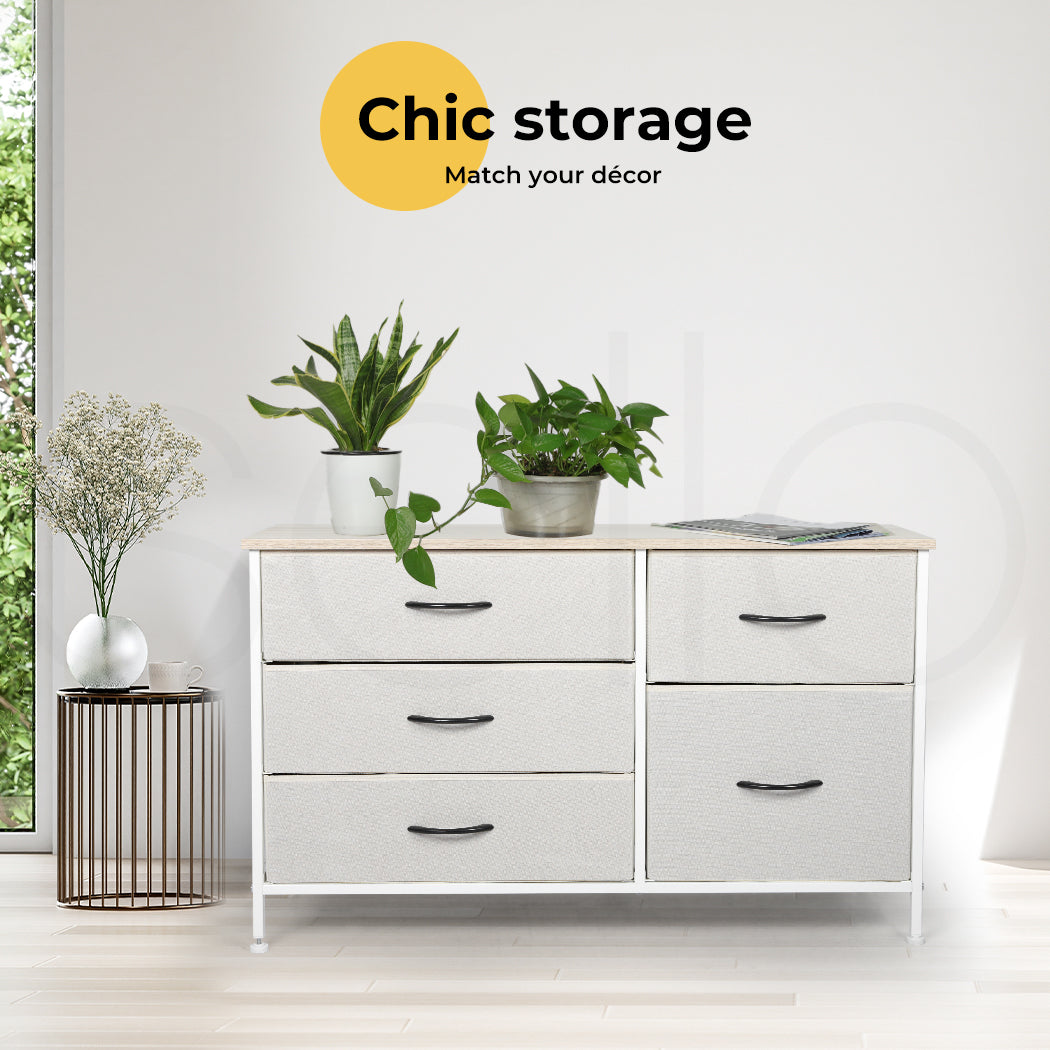 Beige Fabric Low Chest of Drawers with 5 Drawers