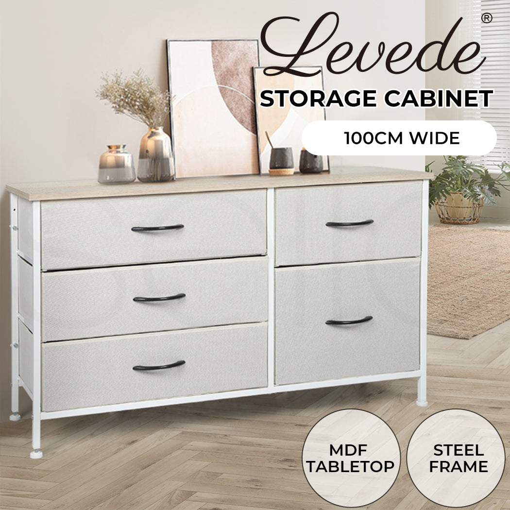Beige Fabric Low Chest of Drawers with 5 Drawers 