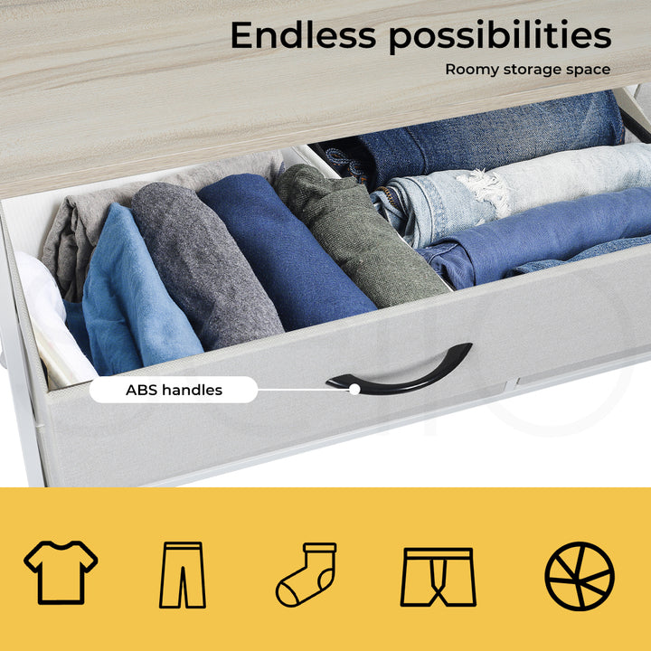 Beige Fabric Low Chest of Drawers with 5 Drawers 