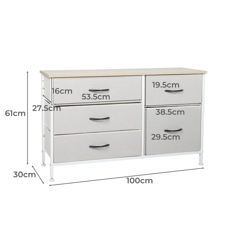 Beige Fabric Low Chest of Drawers with 5 Drawers Dimensions 