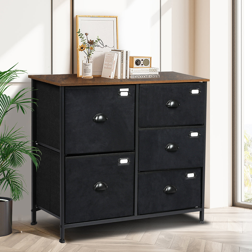 Black Chest of 5 Drawers Storage Cabinet Top