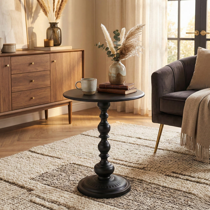 Side Table Vintage End Round Tabletop Steel Base Nightstand Antique Black