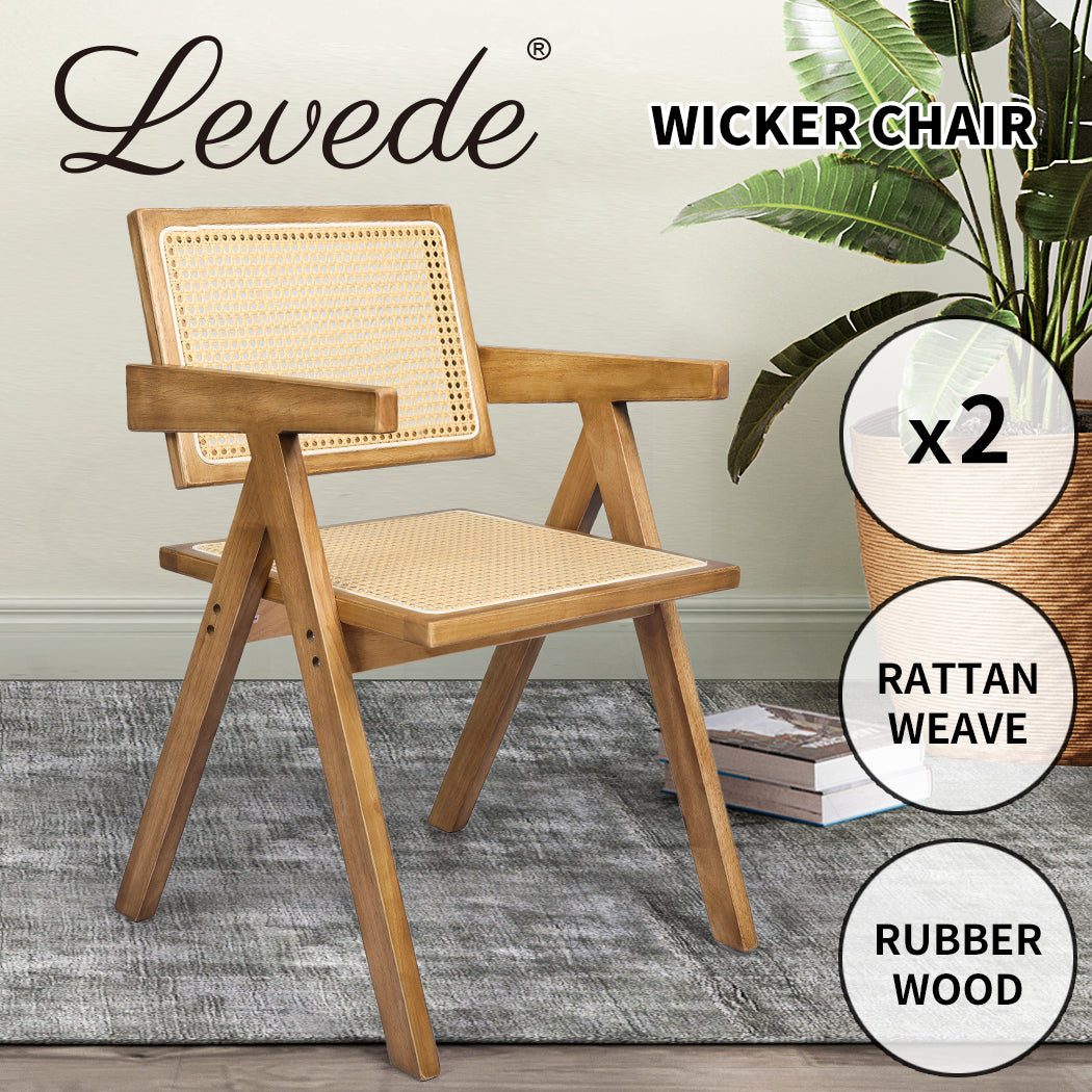 Levede 2x Dining Chair Solid Wood Rattan Natural - Levede