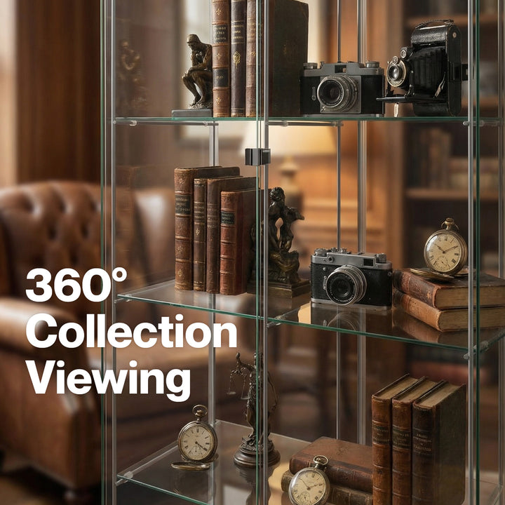 164cm Glass Display Cabinet Collections Storage 4 Tier Shelves 2 Doors