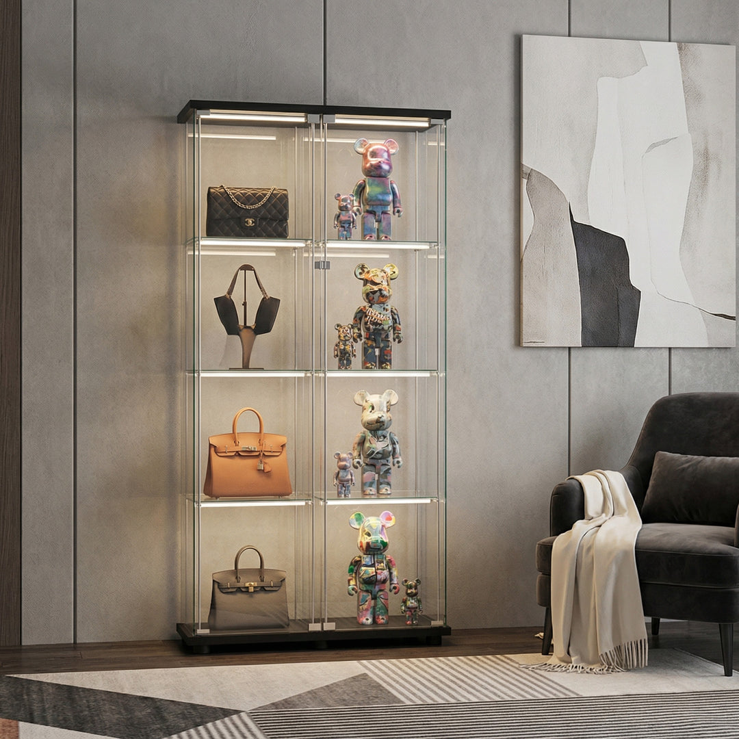 164cm Glass Display Cabinet Collections Storage 4 Tier Shelves 2 Doors