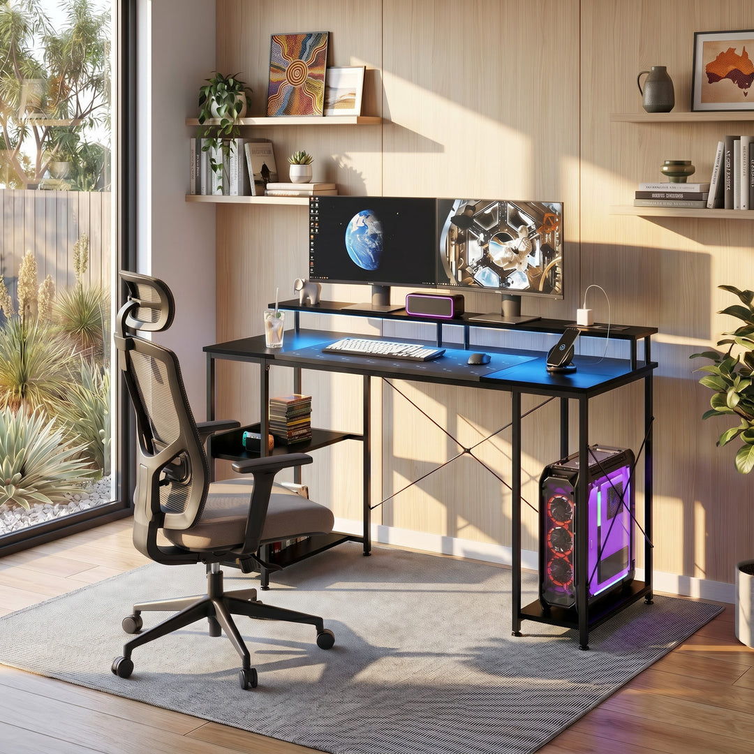 Gaming Desk Computer Table Monitor Shelf Power Outlets RGB Light 140cm