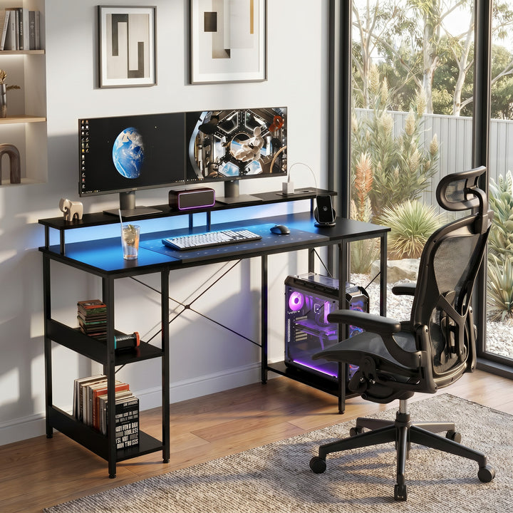 Gaming Desk Computer Table Monitor Shelf Power Outlets RGB Light 140cm