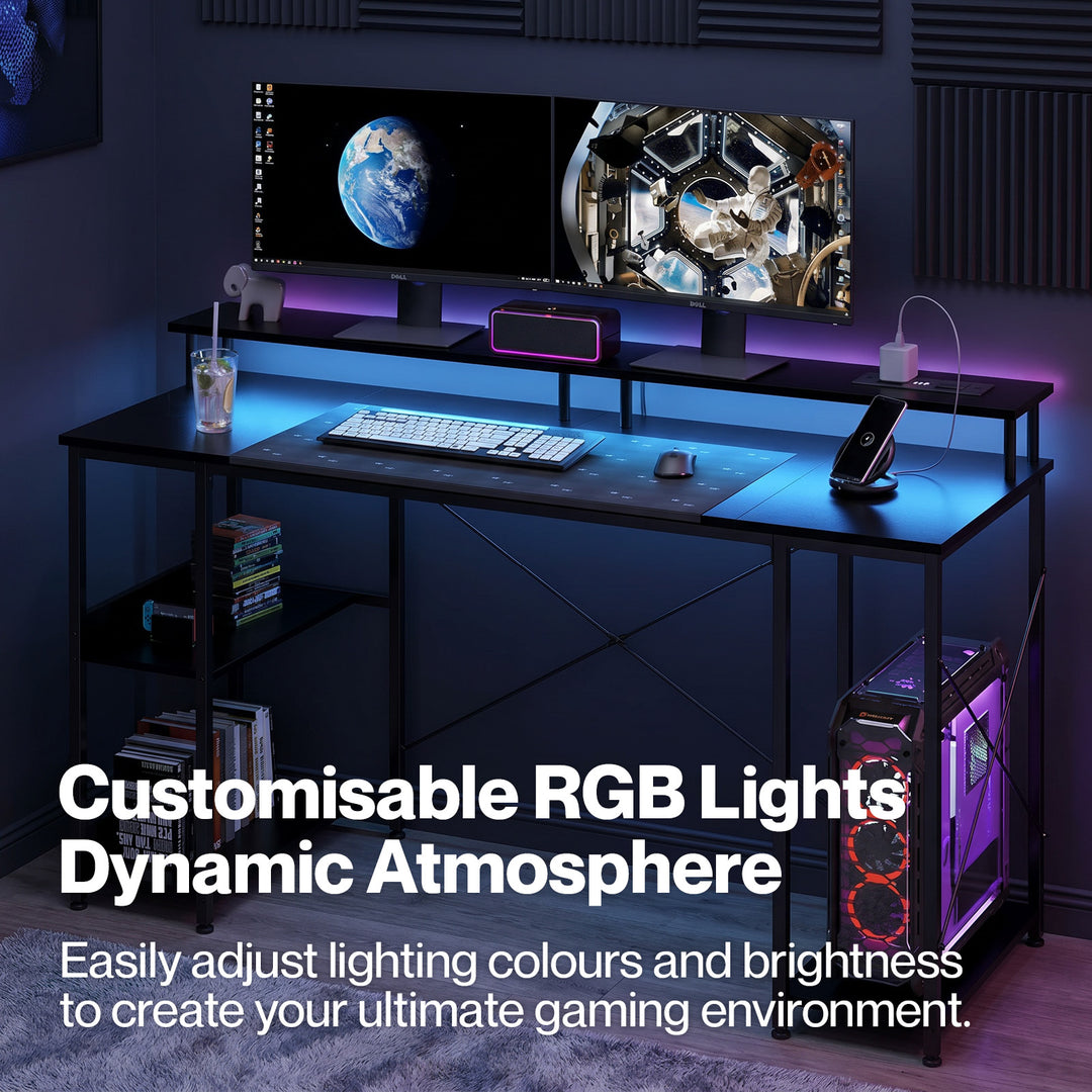 Gaming Desk Computer Table Monitor Shelf Power Outlets RGB Light 140cm