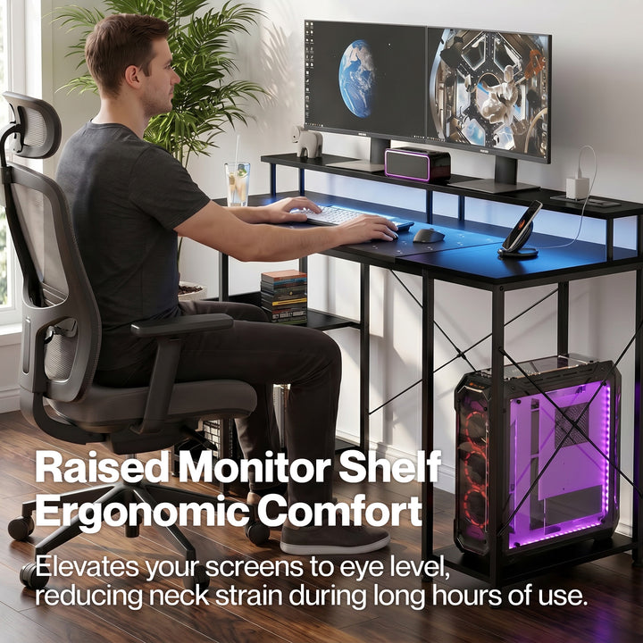 Gaming Desk Computer Table Monitor Shelf Power Outlets RGB Light 140cm