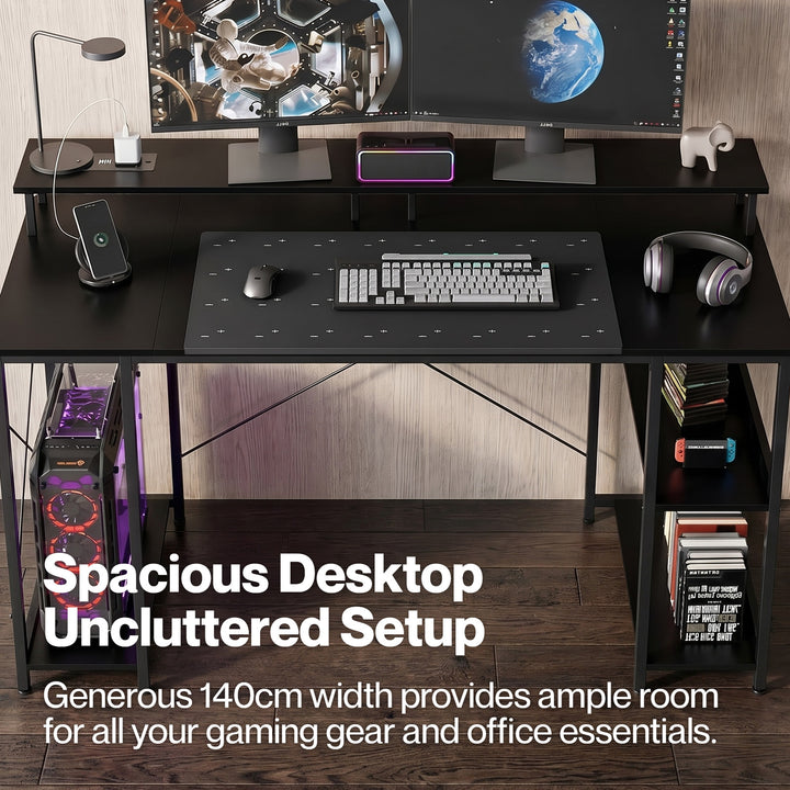 Gaming Desk Computer Table Monitor Shelf Power Outlets RGB Light 140cm