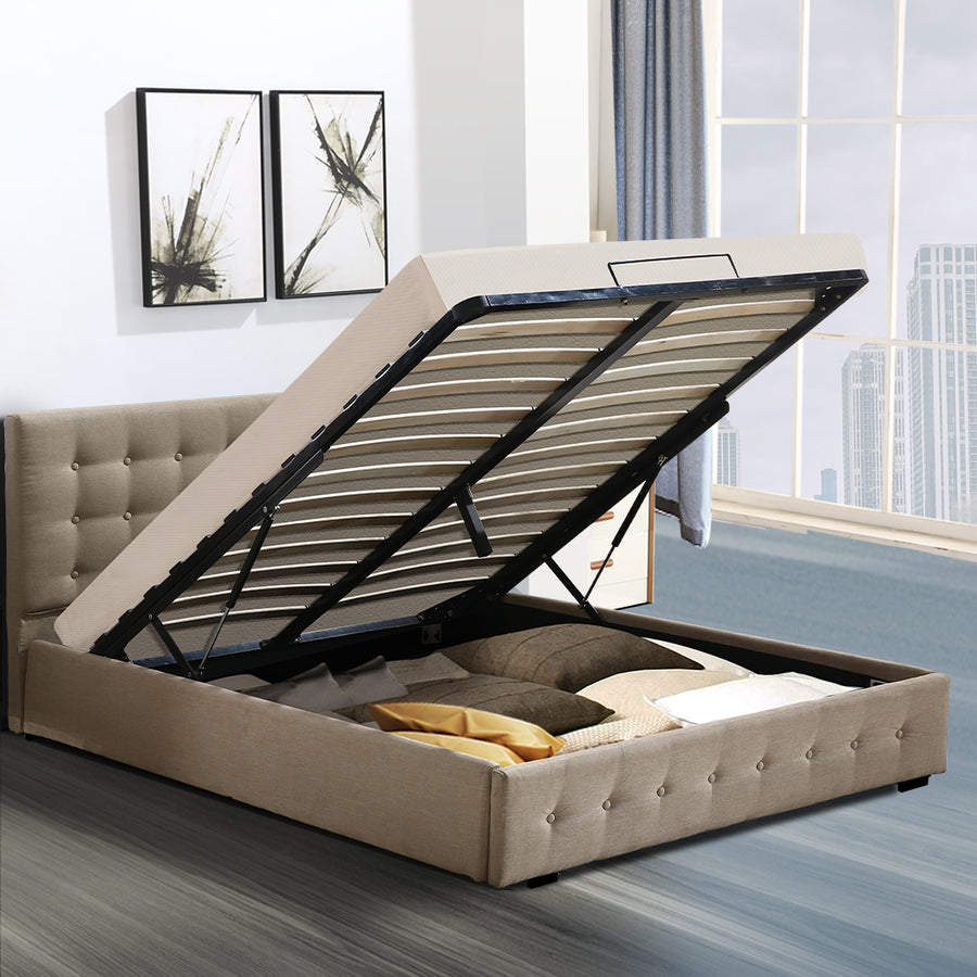 Double Bed Frame with Gas Lift Storage Beige Fabric