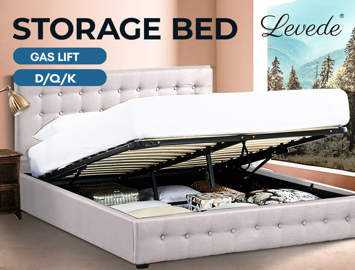 Levede Fabric Bed Frame Gas Lift Beige 
